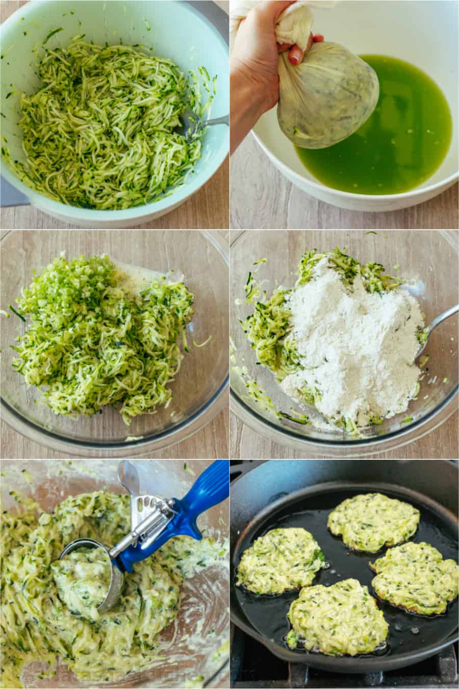 These crispy homemade zucchini fritters are a kid-friendly family favorite. An easy summer zucchini recipe you'll make again and again. 6 photos showing process of making zucchini fritters