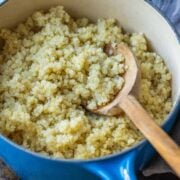 Cooked quinoa in blue pot