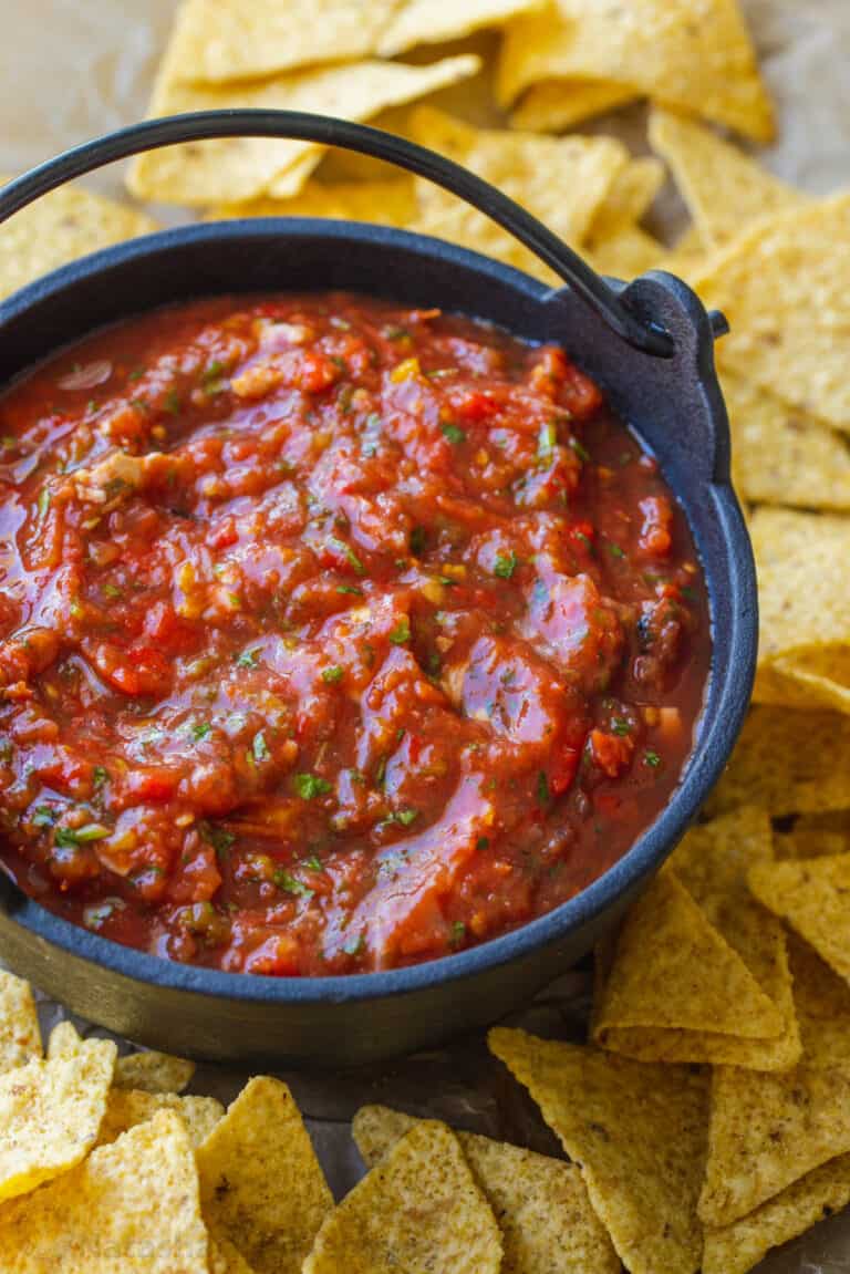 Roasted Tomato Salsa surrounded by tortilla chips