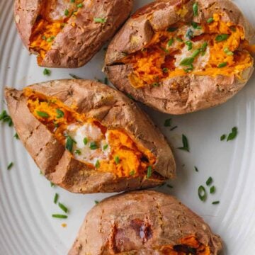 Baked sweet potatoes on serving platter