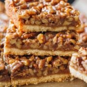 Pecan Pie Bars cut into squares and stacked