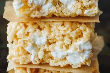 Three Rice Krispie treats stacked on top of one another.
