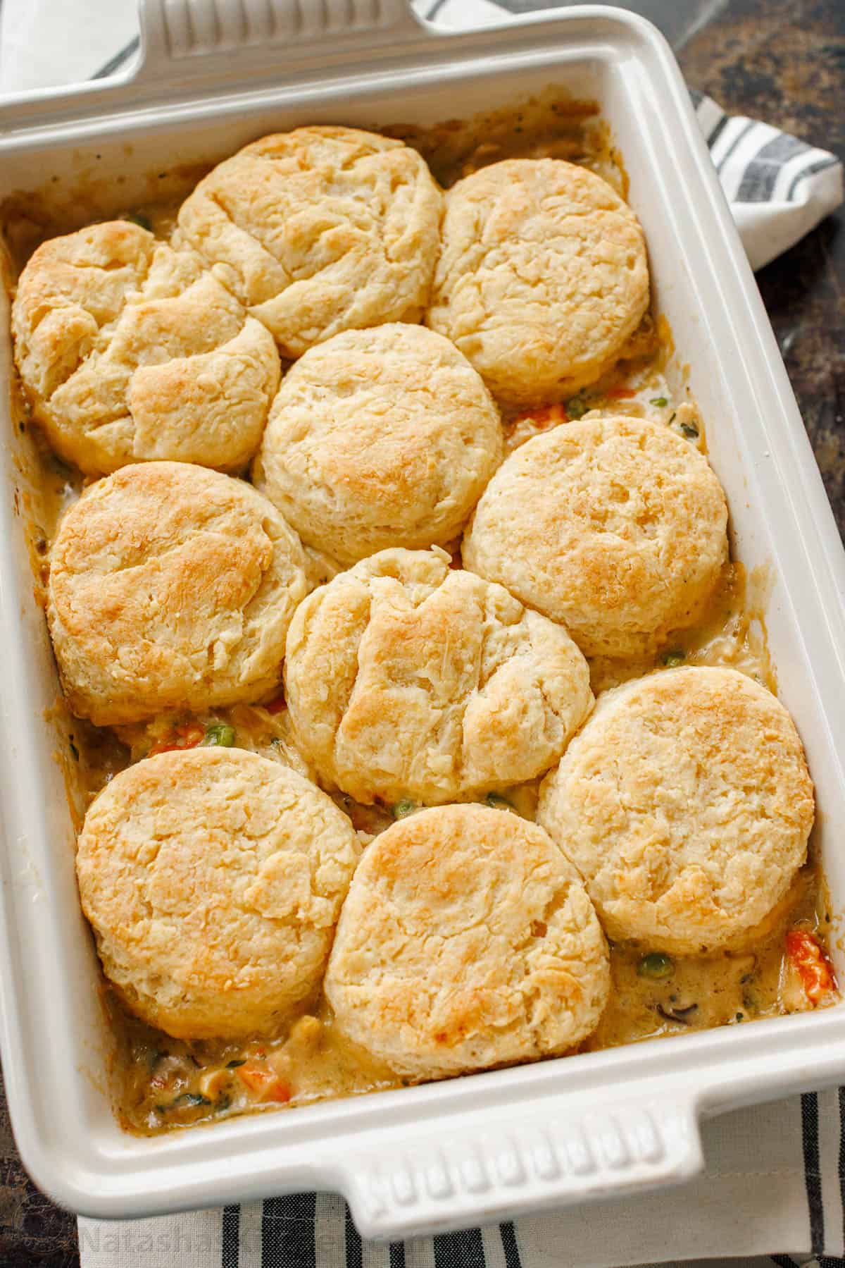 Baked Chicken Pot Pie Casserole with golden brown biscuits.