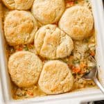 Chicken Pot Pie Casserole in a white baking dish