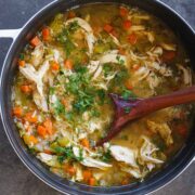 Chicken and Rice soup in a dutch oven pot