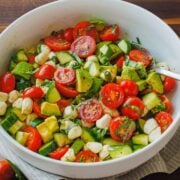 Tomato Mozzarella salad recipe in a bowl with balsamic vinegar dressing