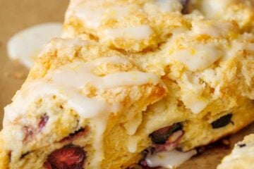 Blueberry scone drizzled with lemon glaze