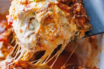 close up photo of zucchini lasagna being served