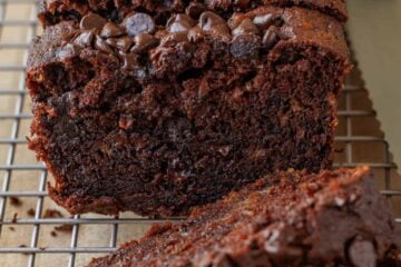 Sliced Chocolate Banana Bread showing the soft crumb center.