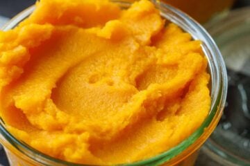 homemade pumpkin puree for dogs and for baking in glass jar