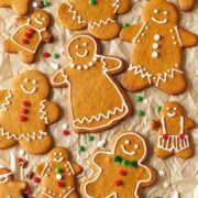 decorated gingerbread cookies with homemade icing and holiday candies