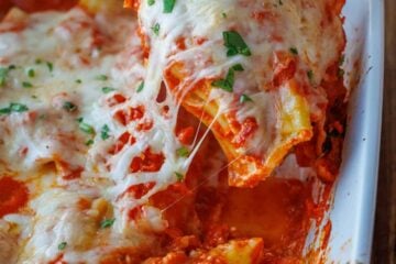 the best Manicotti recipe with three cheeses and homemade marinara sauce