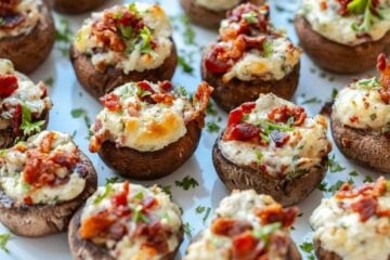 White serving platter of baked stuffed mushrooms with cream cheese and bacon