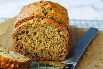 The best Zucchini Bread sliced with a serrated knife