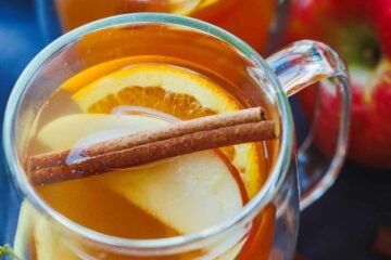 Two glass mugs of apple cider topped with apples, oranges, and cinnamon sticks