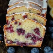 Loaf of Blueberry Bread with Lemon glaze sliced
