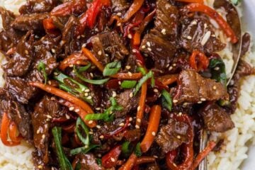 Mongolian beef and vegetables over white rice