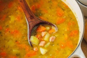 split pea soup served in a pot