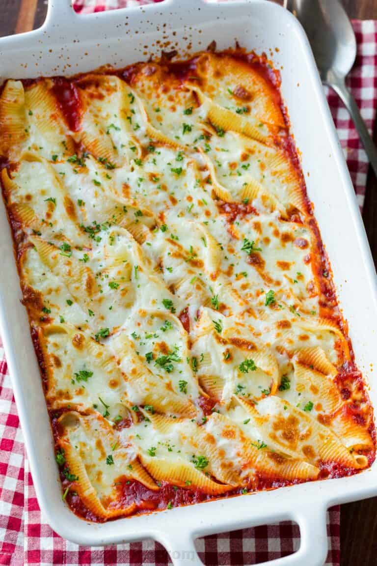Stuffed Pasta Shells in casserole dish