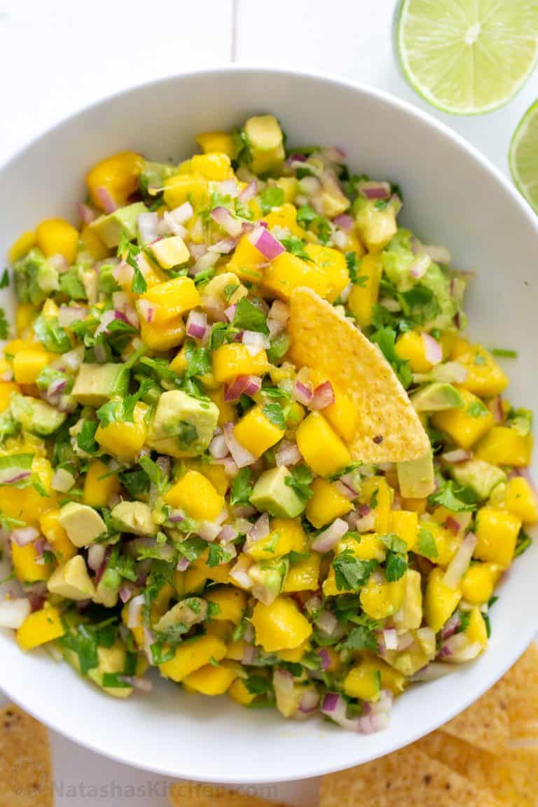 Mango salsa served with a tortilla chip