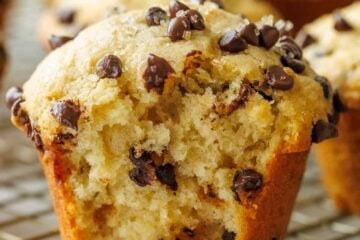 Inside of Chocolate Chip Muffins with domed tops and full of of chocolate chips