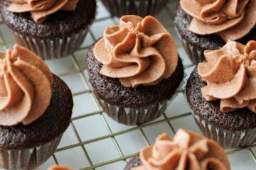 Mini Chocolate Cupcakes topped with piped Chocolate Buttercream frosting on a metal cooling rack