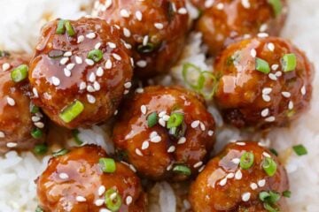 Teriyaki meatball recipe served over white rice