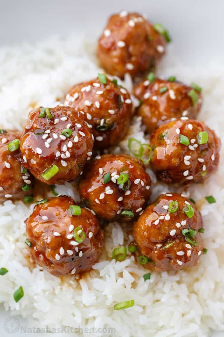 Teriyaki meatball recipe served over white rice