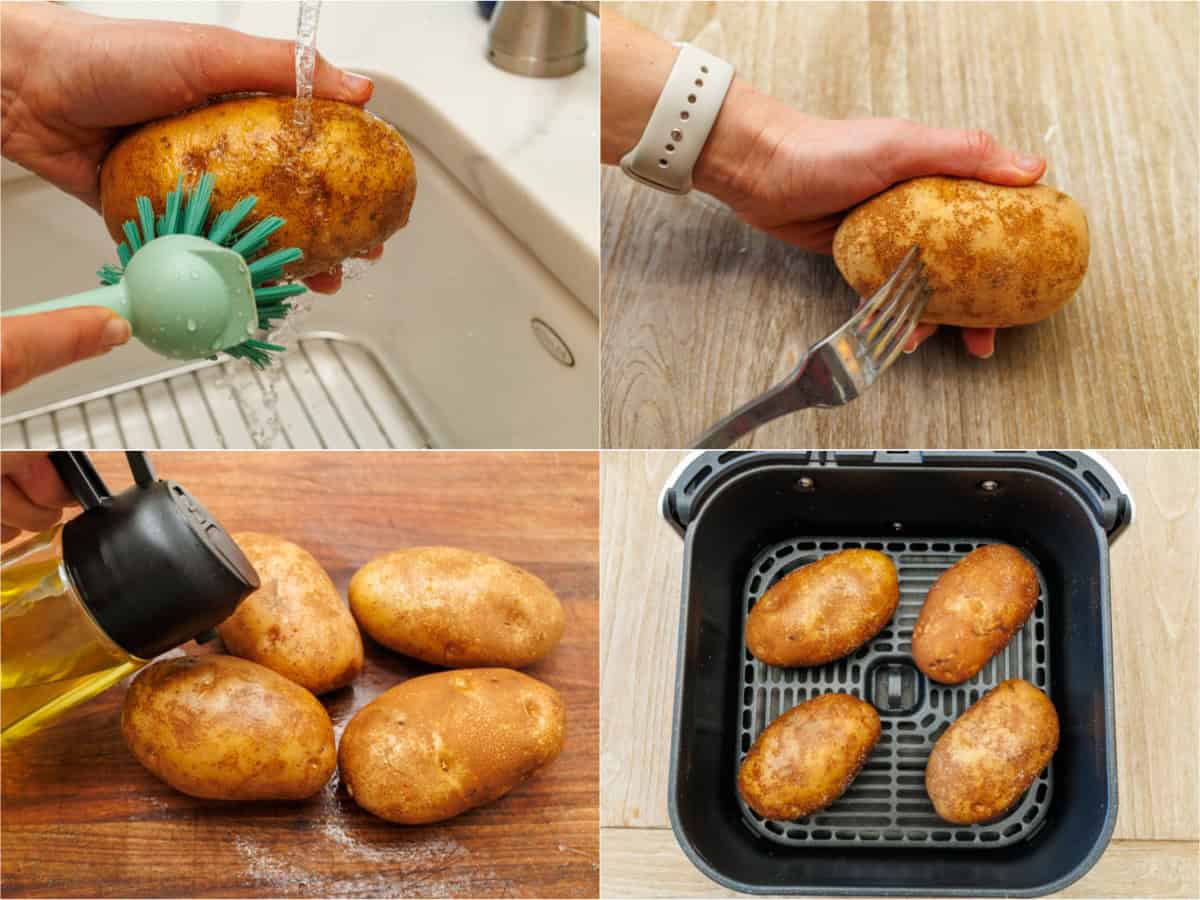 How to make air fryer baked potatoes step by step collage
