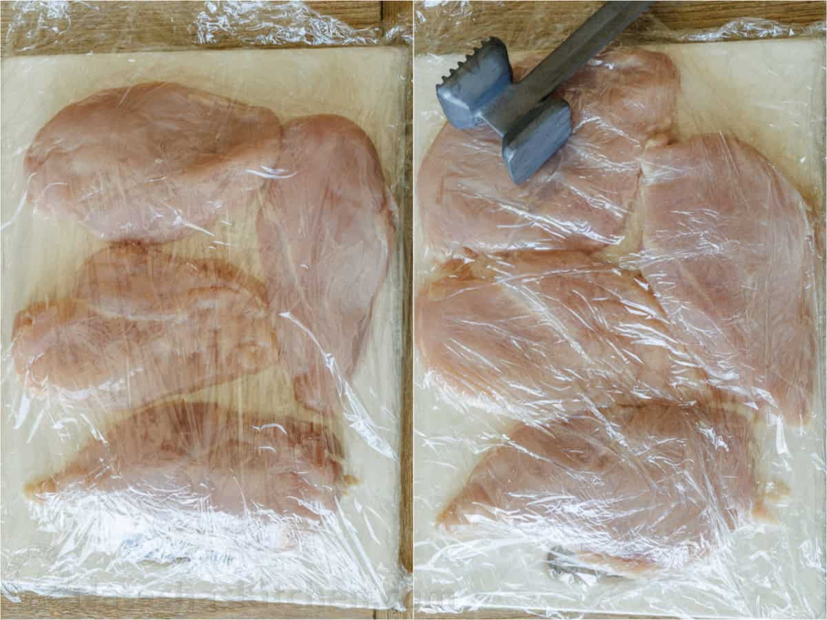 How to pound chicken to an even thickness with before and after collage