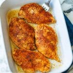 Baked chicken breast served in a casserole dish
