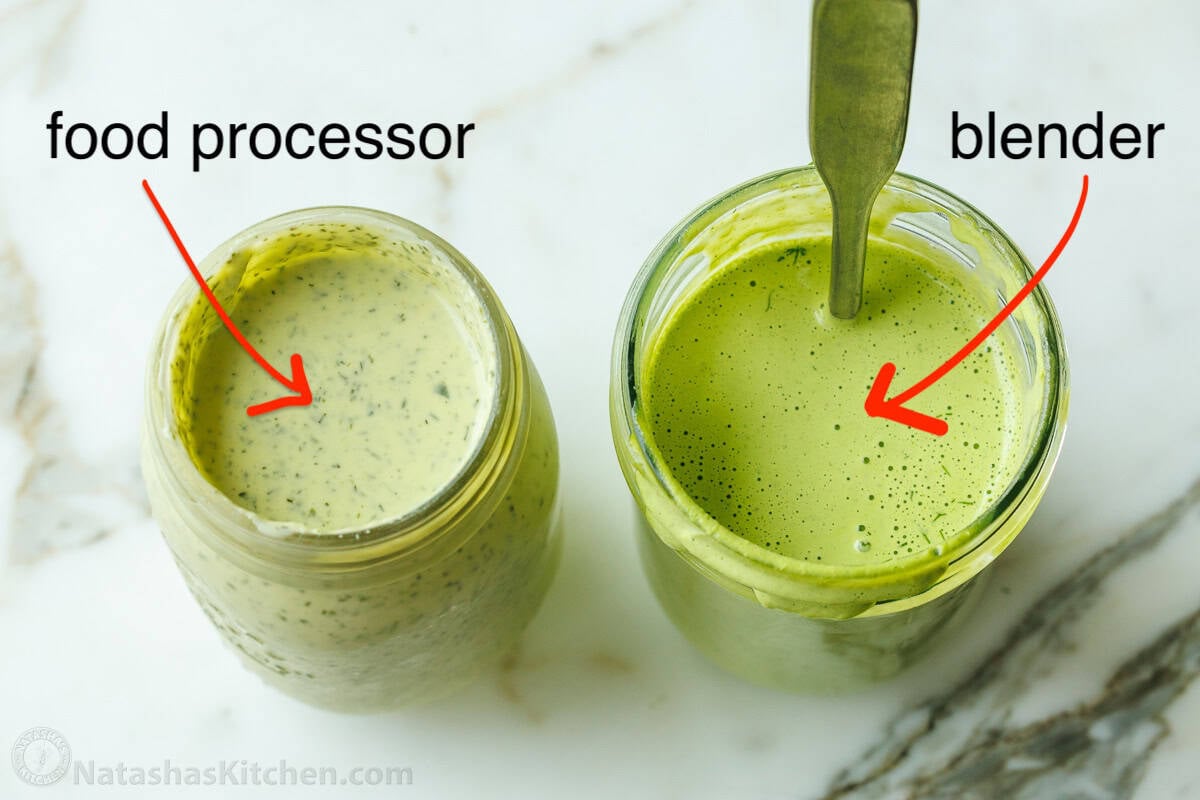 Homemade Green Goddess Dressing is easy to make and tastes so fresh and vibrant. It takes just 30 seconds from blender to topping salads! Size-by-size comparison of homemade condiments made using the food processor vs the blender