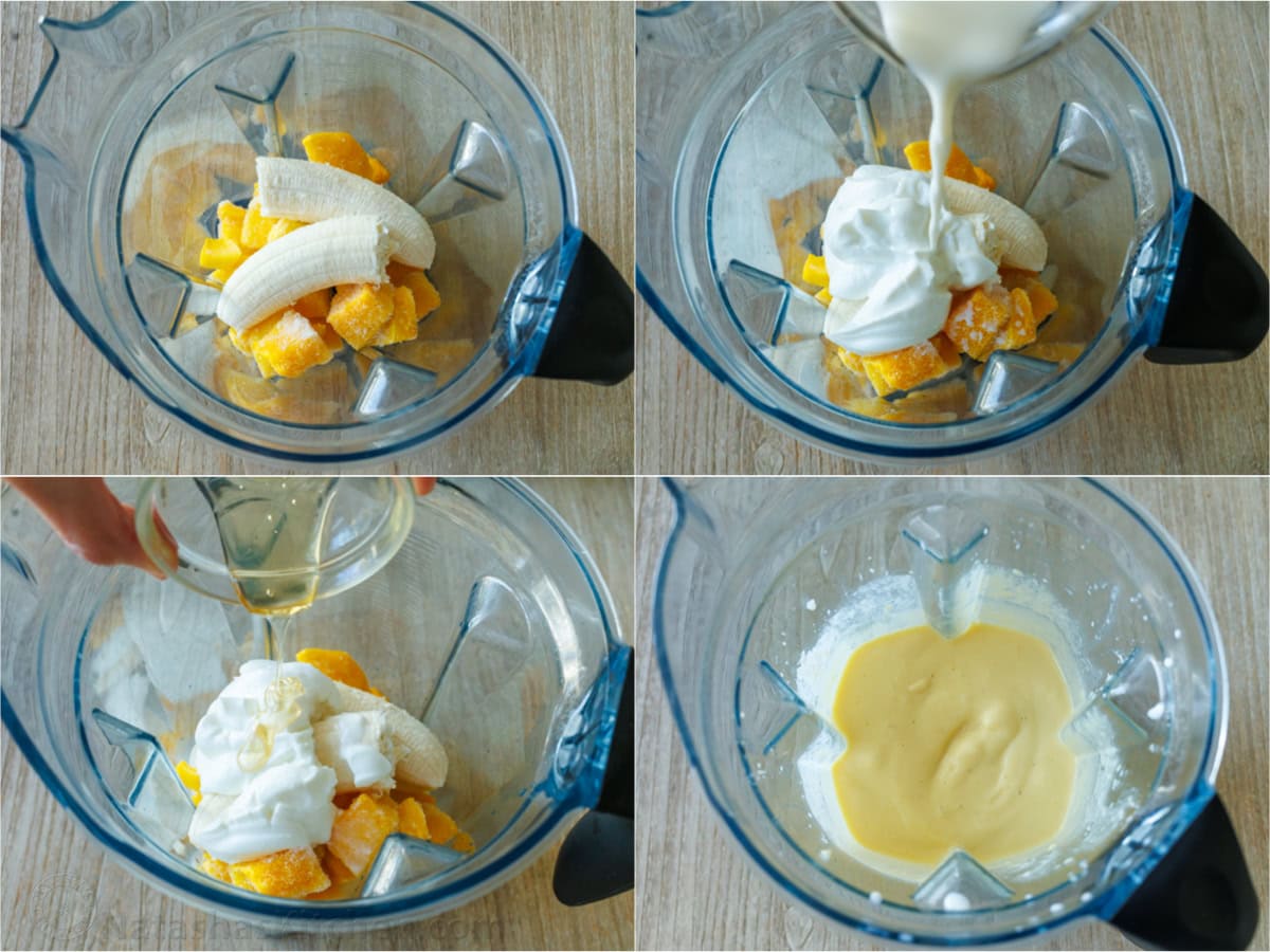 How to make a mango smoothie step-by-step photos with ingredients in a blender including frozen mango, banana, yogurt, milk, and honey