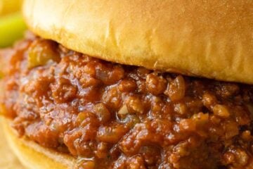 Sloppy Joe up close with saucy sloppy joe filling in a bun