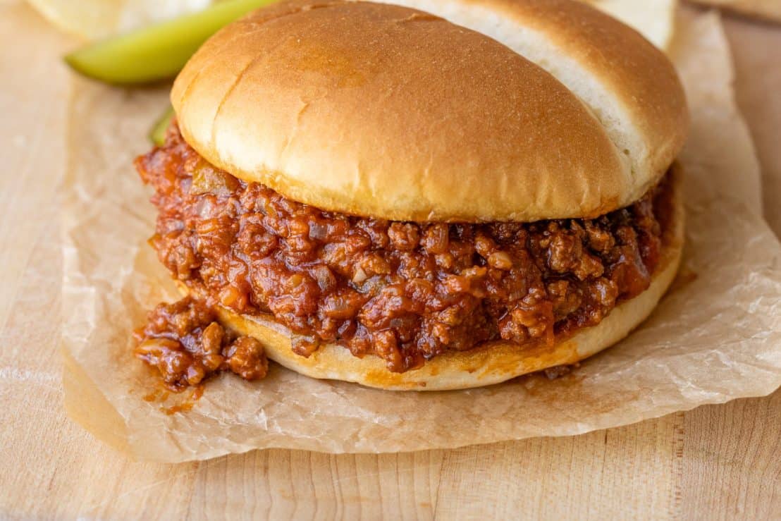 The best sloppy joes served with pickles and chips