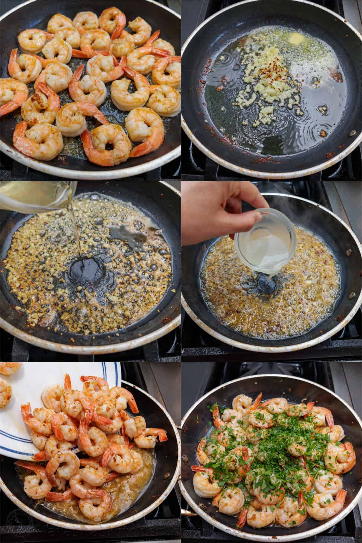 Side by side directions on how to cook shrimp scampi in a saute pan