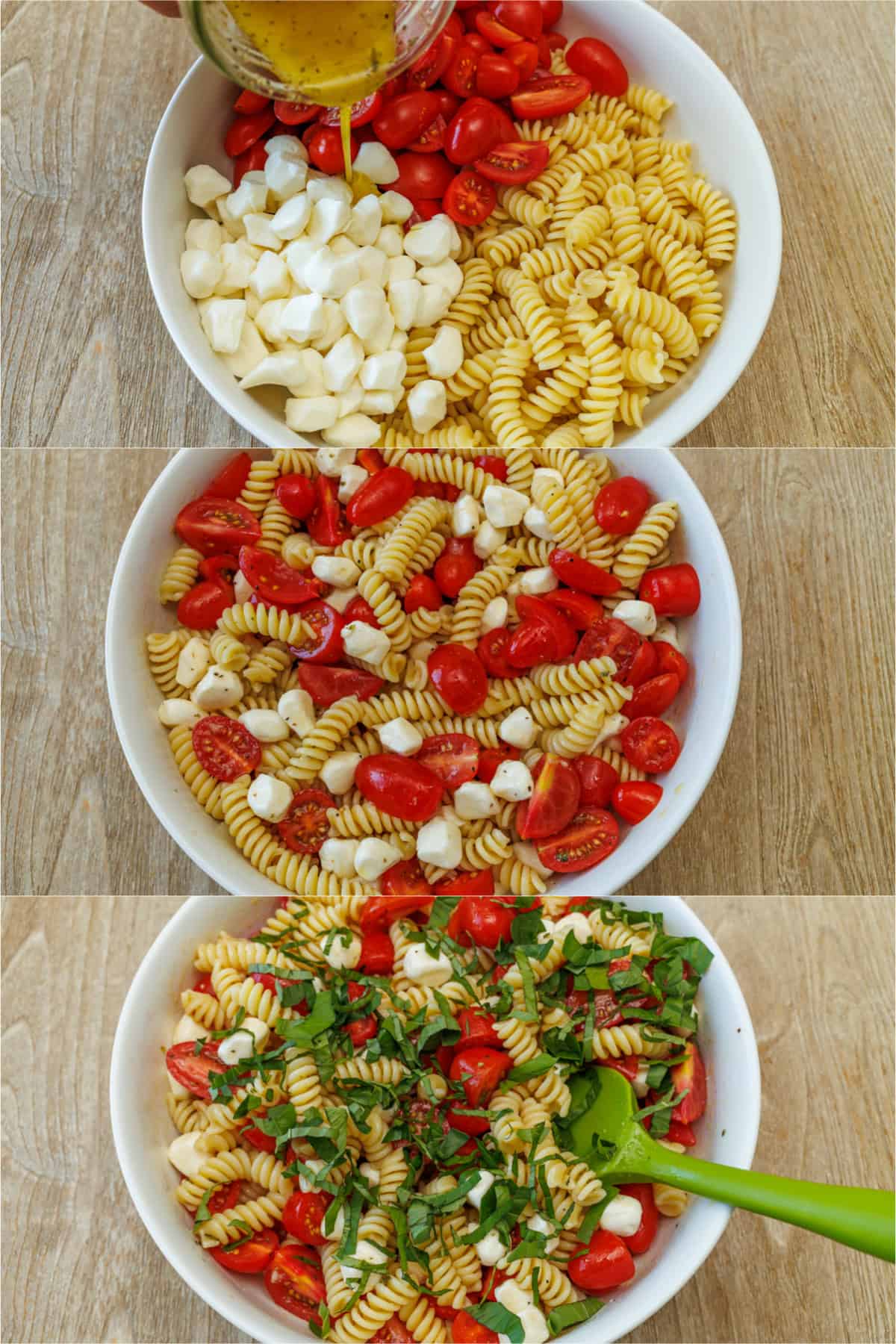 Caprese pasta salad combines the classic Caprese flavors of tomato, mozzarella and basil with Italian pasta salad. Perfect for BBQ potlucks. How to mix Italian Pasta Salad in a white bowl by adding dressing, mixing and adding herbs