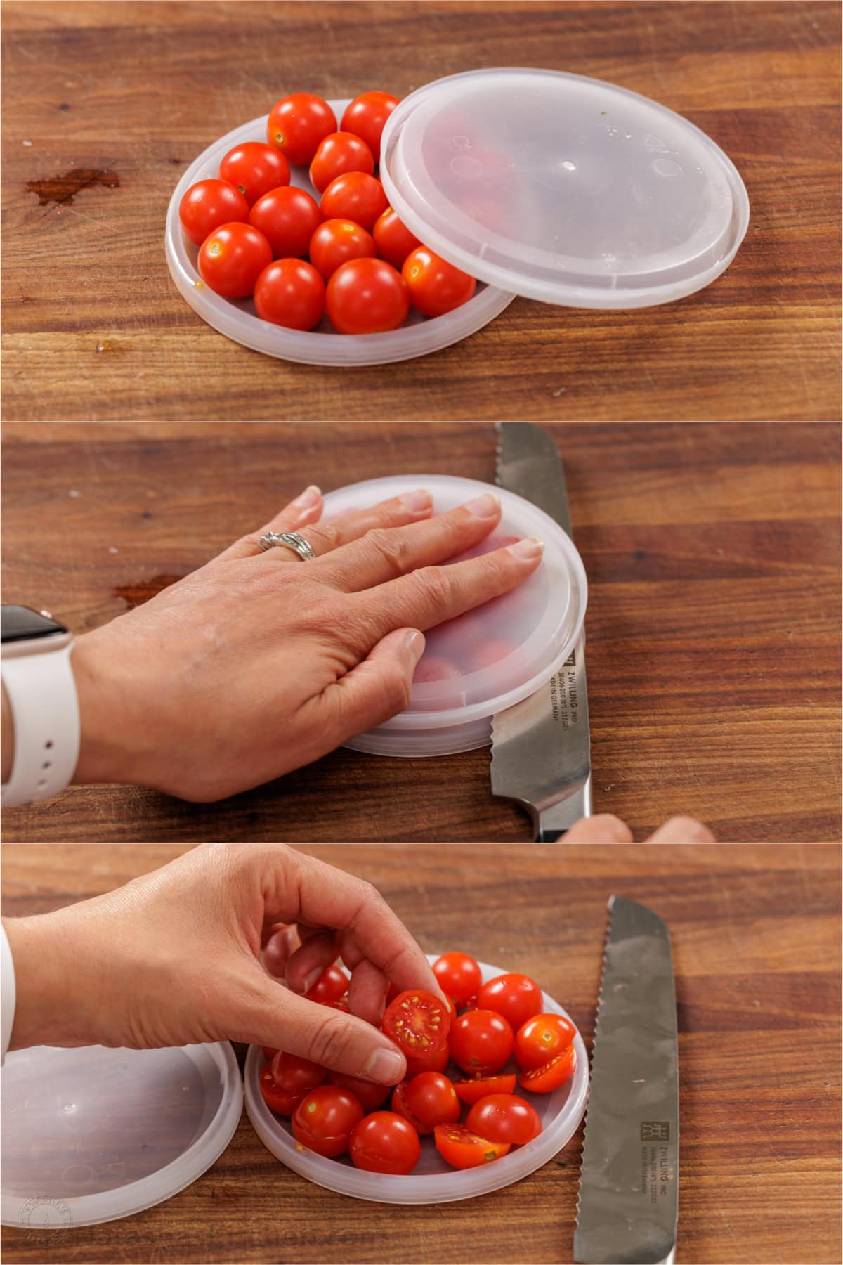 How to cut cherry tomatoes using two lids