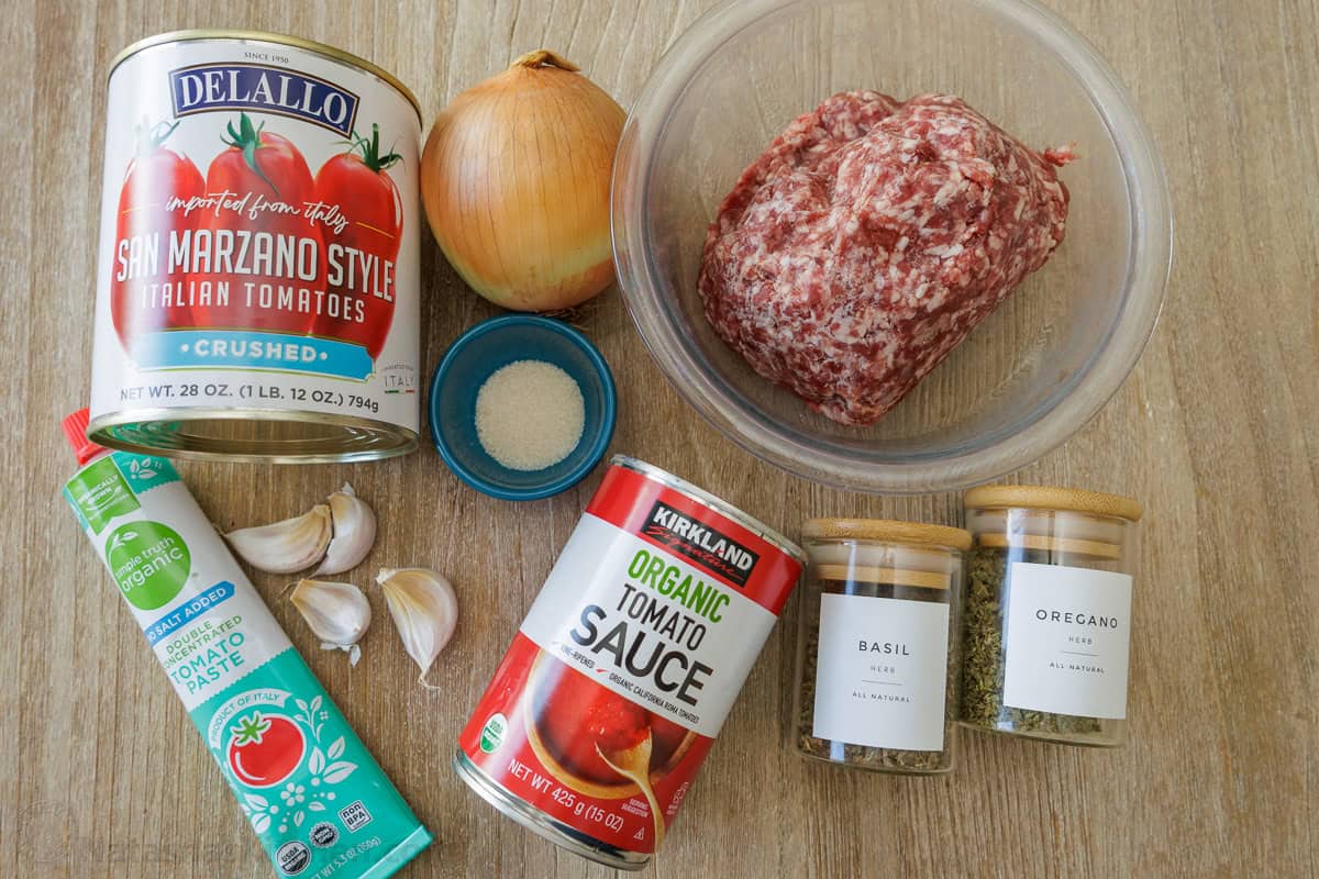 ingredients for Italian pasta dish with tomatoes, onion, salt, garlic, tomato paste, basil oregano and ground beef