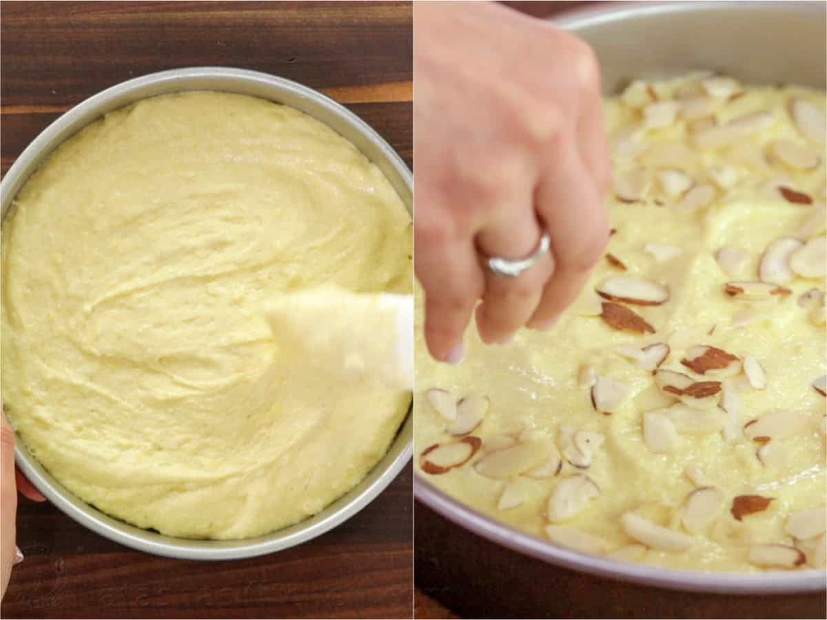 Before and after photo of adding almonds to the top of almond cake batter
