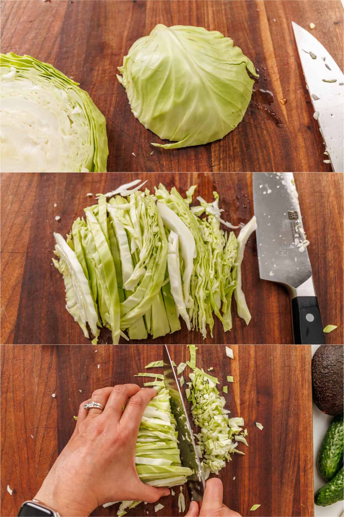 This easy Green Goddess Salad recipe comes together in minutes for the perfect side dish or lunch. Eat with a tortilla chip for a fun twist! How to chop cabbage in photographs from a half of a head of cabbage to slicing ribbons and then chopping