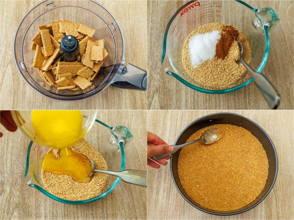 My pumpkin cheesecake recipe is so easy to make and is better than any professional baker! Save money and make your Holiday dessert at home! How to make a graham cracker crust using graham crackers, sugar, cinnamon and egg.