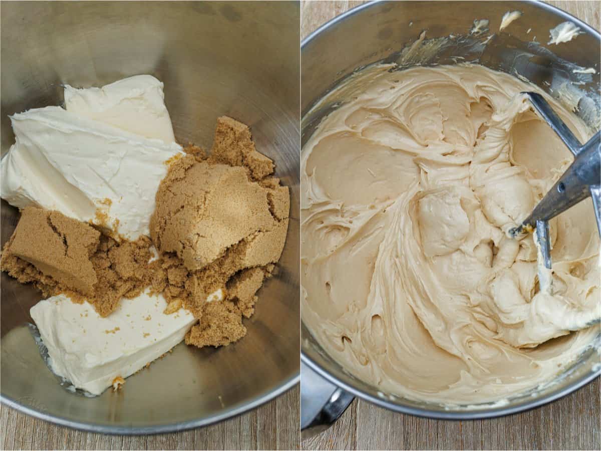 My pumpkin cheesecake recipe is so easy to make and is better than any professional baker! Save money and make your Holiday dessert at home! How to make pumpkin cheesecake batter using cream cheese and brown sugar in an stand mixer