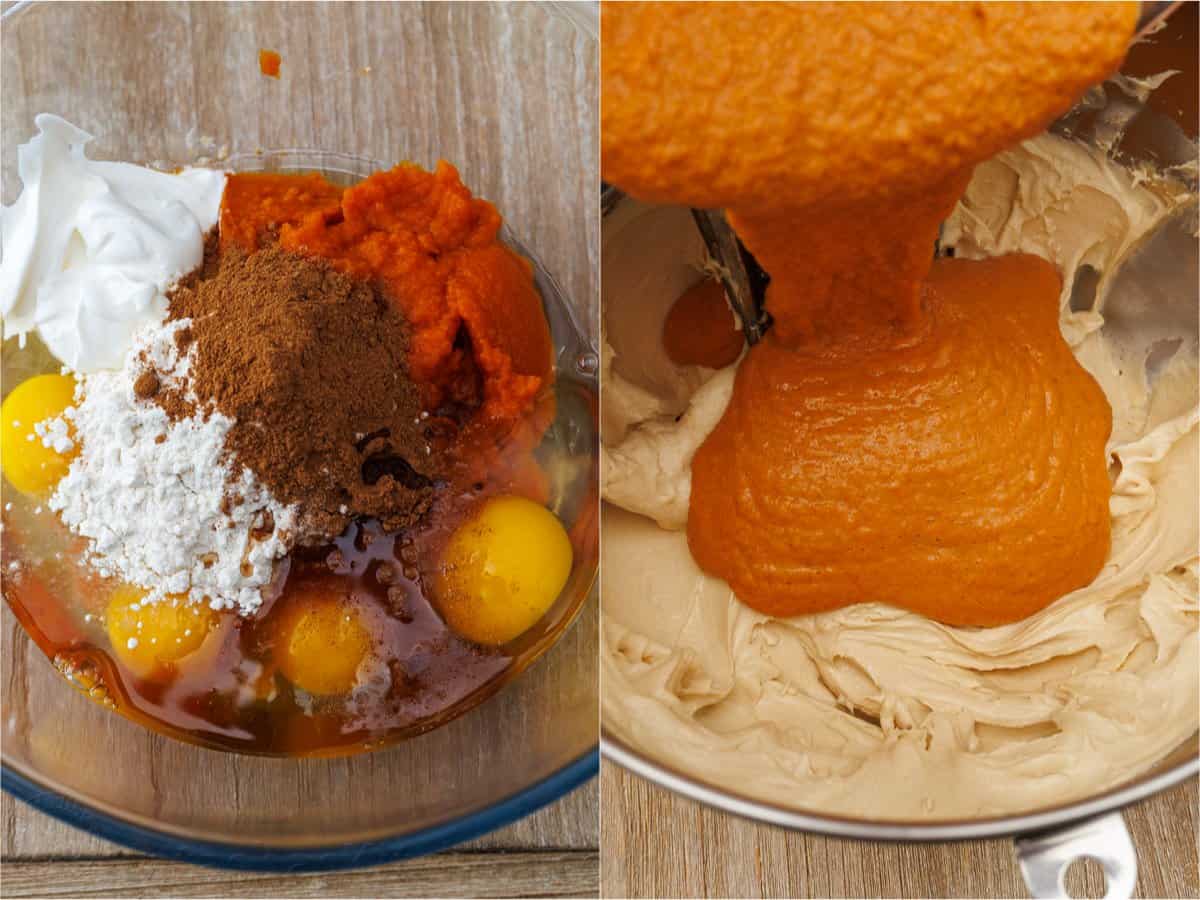 My pumpkin cheesecake recipe is so easy to make and is better than any professional baker! Save money and make your Holiday dessert at home! How to make pumpkin cheesecake filling by mixing eggs, spices, pumpkin and sour cream in a bowl and folding it into cheesecake mixture