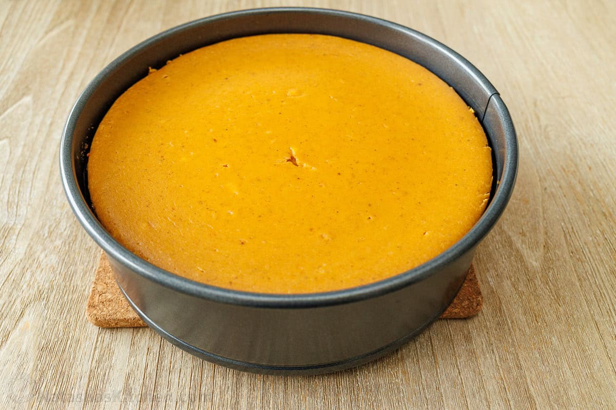 My pumpkin cheesecake recipe is so easy to make and is better than any professional baker! Save money and make your Holiday dessert at home! Cooked pumpkin cheesecake in a springform pan