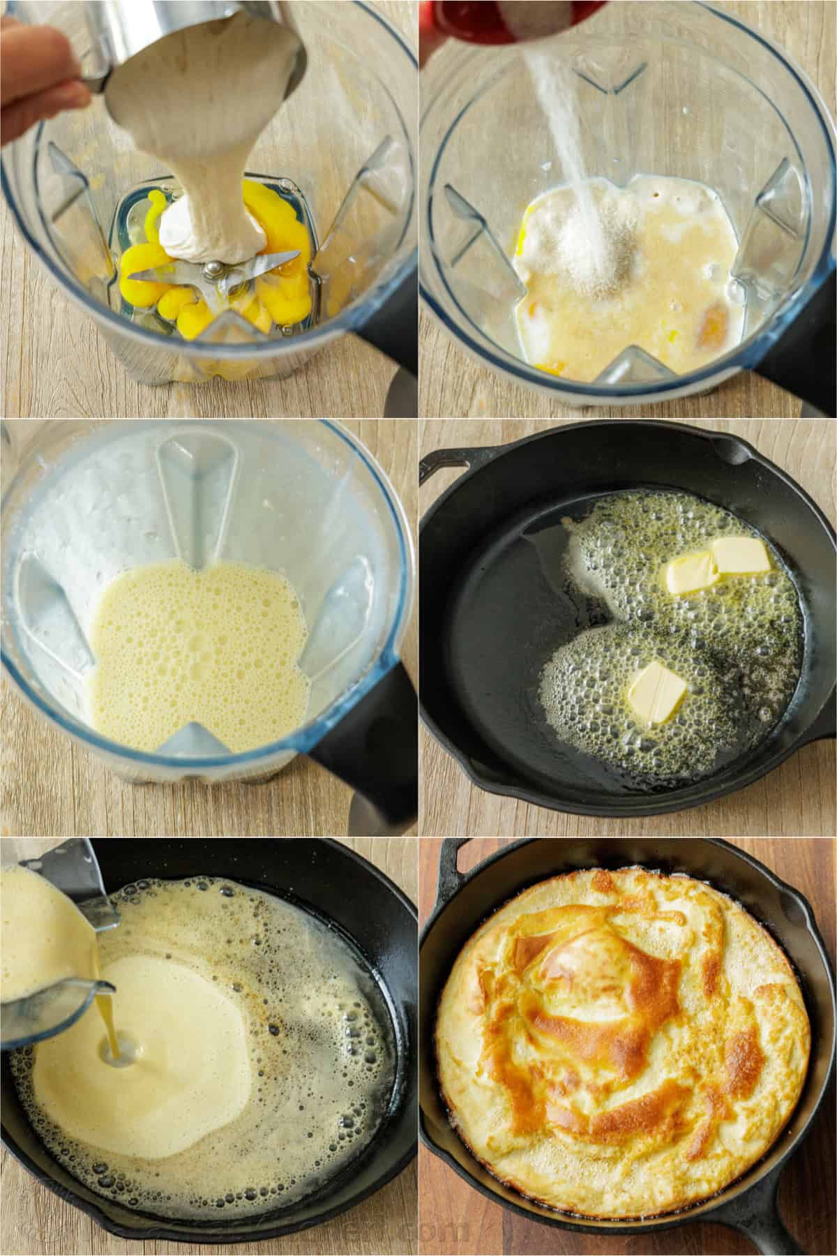 Easy Sourdough Dutch Baby pancake recipe using sourdough discard. Blend or whisk the batter, and it cooks up puffy and golden in the oven. step-by-step photos of how to make a sourdough Dutch Baby pancake in the blender and oven