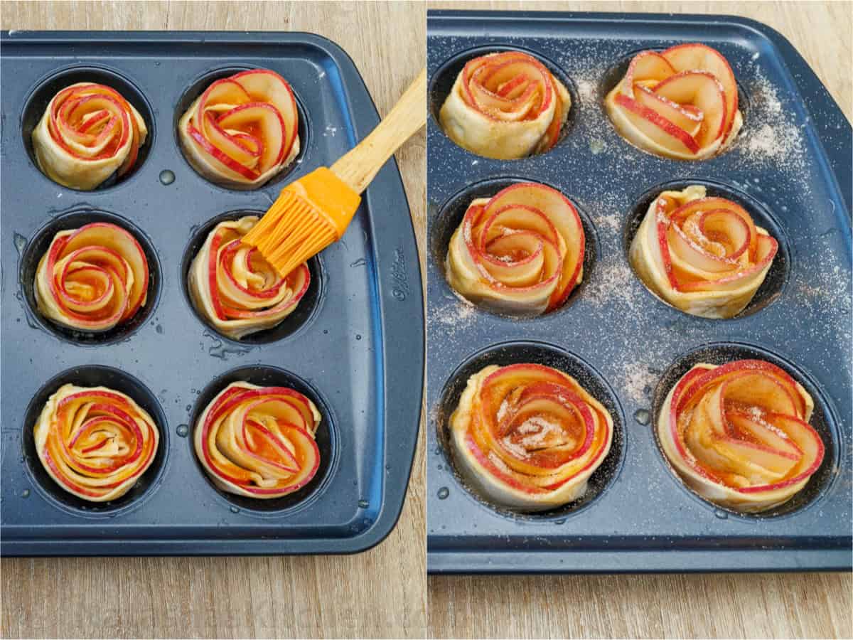 Brushing apple roses with butter and dusting with cinnamon sugar