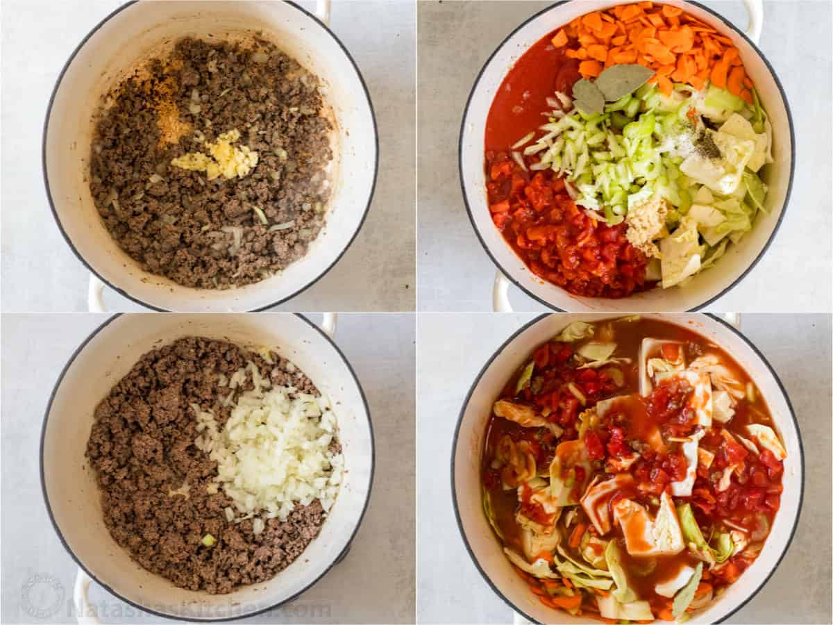 My homemade Cabbage Soup recipe is so easy to make and tastes as good as my Cabbage rolls without the hassle! Filling & Freezer-friendly. How to make vegetable and beef stew in a dutch oven