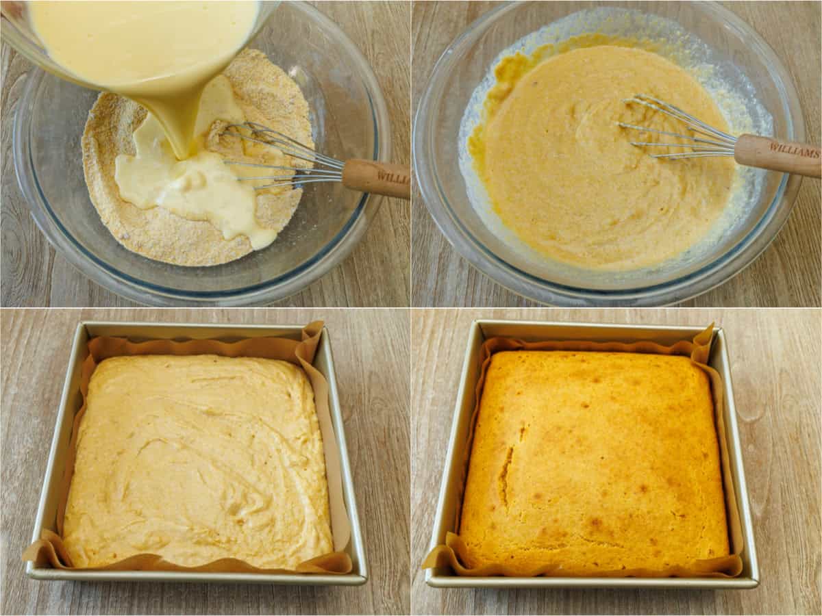 The best homemade cornbread recipe is easy to make with pantry staples. Serve with your favorite holiday or BBQ menu and honey butter on top. side-by-side photos of how to make cornbread in a 9x9 square pan