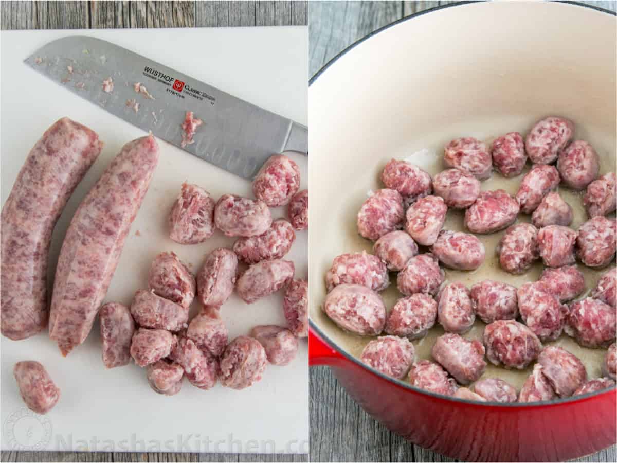 Sausage and Kale Soup is full of veggies and hearty bratwurst sausage cut like meatballs, and it's easy to make in 1 pot and in under 1 hour. How to slice brats into chunks and cook in a Dutch oven